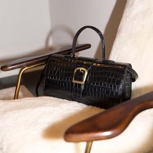 Rylan Black Crocodile Embossed Leather Satchel Bag